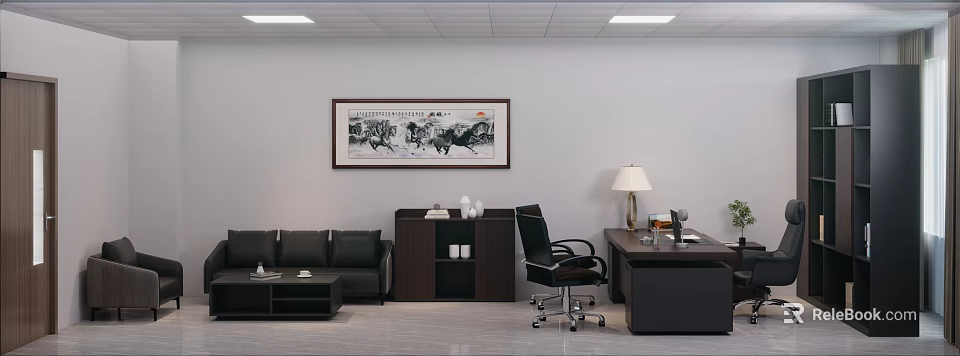 Modern Office Interior With Black Sofa Coffee Table Desk And Wall Art 3d model
