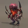 Frightening Fantasy Monster With Glowing Red Core Purple Tentacles And Sharp Claws