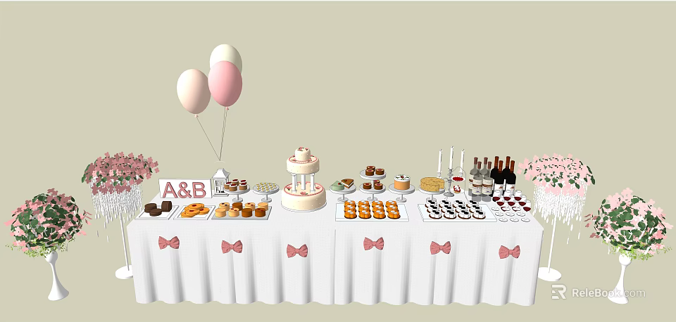 Elegant Party Dessert Table With A&B Letters Pink Balloons And Bow Decorations 3d model 