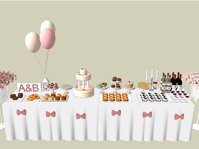 Elegant Party Dessert Table With A&B Letters Pink Balloons And Bow Decorations 3d model