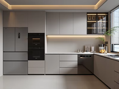 Modern Kitchen Interior Design With Gray Silver Cabinets Countertop Built-in Appliances And Ceiling Lighting 3d model