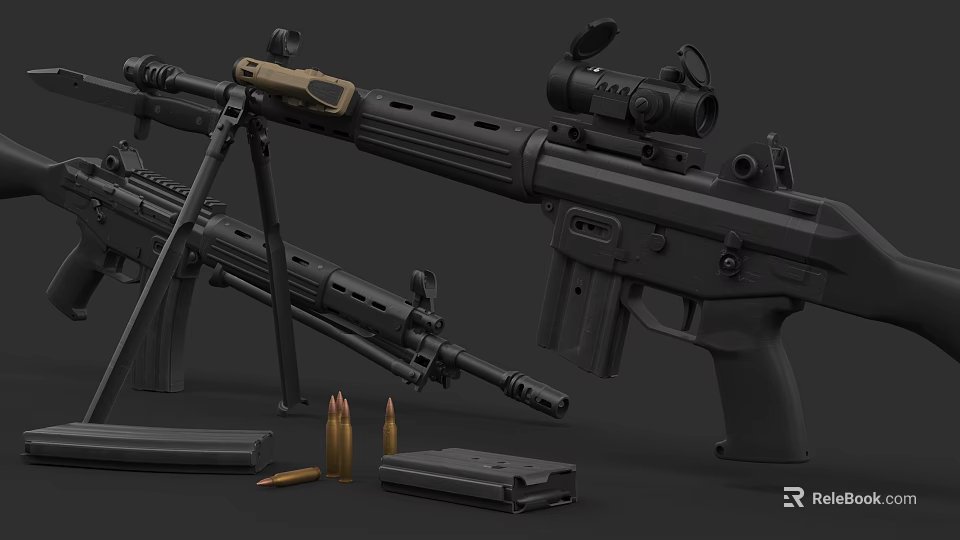 Modern Tactical Rifles With Scope Magazine And Ammunition 3d model