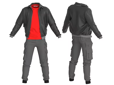 Black Leather Jacket with Red T-shirt and Gray Cargo Pants Front Back Views 3d model