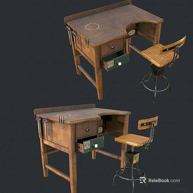 Wooden Functional Desk With Drawers Chair And Tool Storage For Workshop Use 3d model 