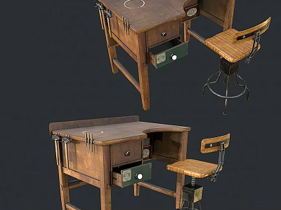 Wooden Functional Desk With Drawers Chair And Tool Storage For Workshop Use 3d model