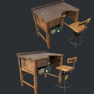 Wooden Functional Desk With Drawers Chair And Tool Storage For Workshop Use 3d model
