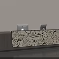 Modern Reception Desk With Wooden Base And Unique Textured Countertop Featuring Computers 3d model