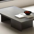 Modern Wooden Coffee Table with Black Bowl Red Fruits and Stacked Books