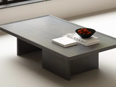 Modern Wooden Coffee Table with Black Bowl Red Fruits and Stacked Books 3d model