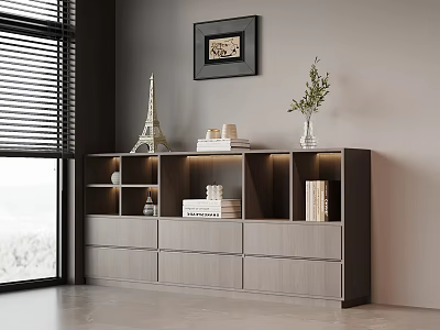 Modern Bookcase Featuring Open Compartments Drawers Eiffel Tower Model Books And Green Plant 3d model