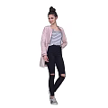 Woman In Pink Coat With Striped Top Wearing Black Ripped Jeans And White Sneakers