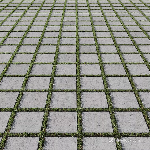 Paved Ground With Gray Stone Slabs And Grass In Grid Pattern 3d model 