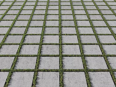Paved Ground With Gray Stone Slabs And Grass In Grid Pattern 3d model