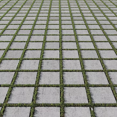 Paved Ground With Gray Stone Slabs And Grass In Grid Pattern 3d model