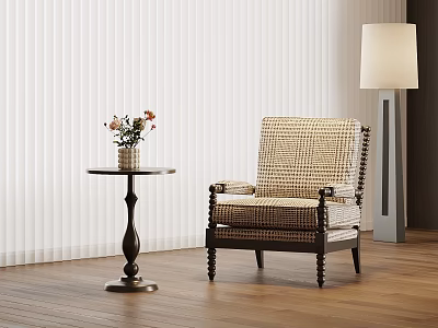 Woven Accent Chair With Round Side Table Fresh Flowers White Blinds And Wooden Floor 3d model