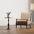 Woven Accent Chair With Round Side Table Fresh Flowers White Blinds And Wooden Floor