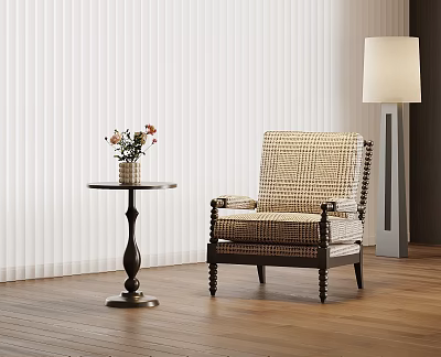 Woven Accent Chair With Round Side Table Fresh Flowers White Blinds And Wooden Floor 3d model