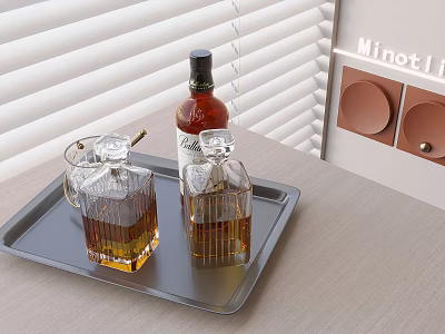 Whiskey Bottle and Crystal Glasses on Gray Tray with Minotti Decor and Window Blinds 3d model