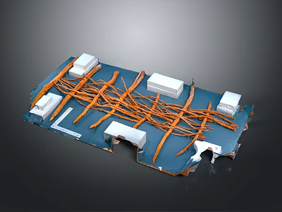 Blue Substrate With Interconnected White Modules And Crossed Orange Cables Layout Structure 3d model