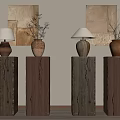 Rustic Decorative Ornament Combination with Wooden Pedestals Table Lamps Ceramic Vases Dried Branches and Wall Art