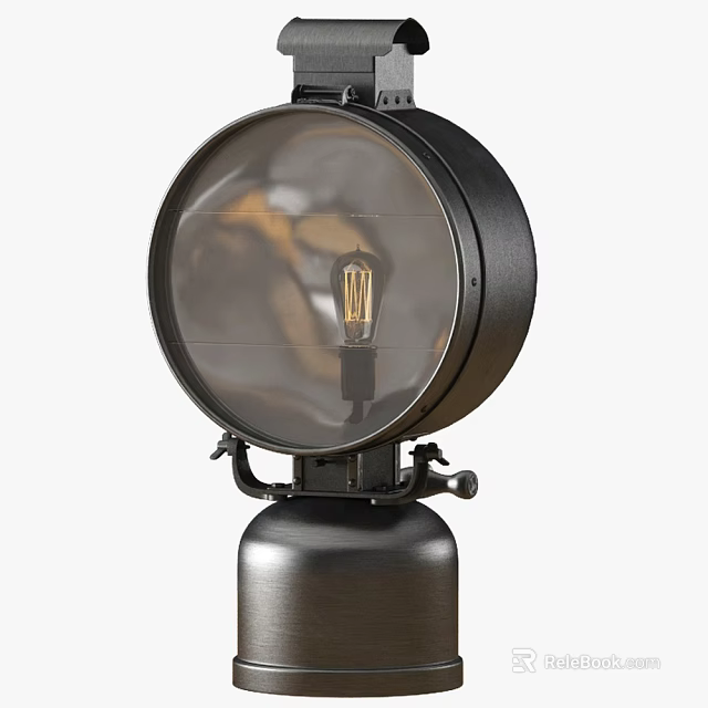 Vintage Metal Outdoor Lamp with Round Shade and Exposed Bulb on Sturdy Stand 3d model 