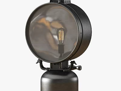 Vintage Metal Outdoor Lamp with Round Shade and Exposed Bulb on Sturdy Stand 3d model