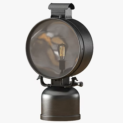Vintage Metal Outdoor Lamp with Round Shade and Exposed Bulb on Sturdy Stand 3d model