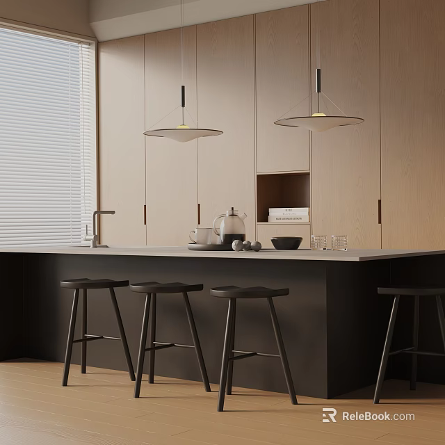 Modern Open Kitchen Dining Table Set With Island Counter Hanging Lights And Stools 3d model