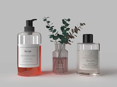 Transparent and Red Liquid Soap Bottles with Eucalyptus Plant Decoration 3d model