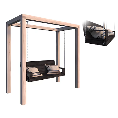 Stylish Outdoor Swing Chair With Wooden Frame Black Seat And Light Colored Cushions 3d model