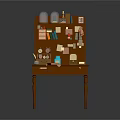 Wooden Desk with Attached Bookshelf Featuring Books Stationery and Small Decorations