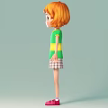Animated Game Character Girl With Orange Hair Green Yellow Striped Shirt And Plaid Skirt