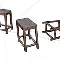 Three Vintage Wooden Stools With Rustic Design And Different Structural Details 3d model
