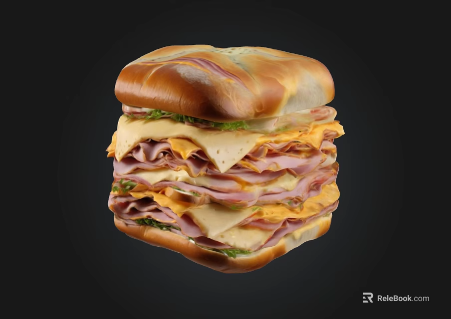 Appetizing Stacked Sandwich with Sliced Ham Cheddar Cheese Fresh Greens and Soft Bun 3d model 