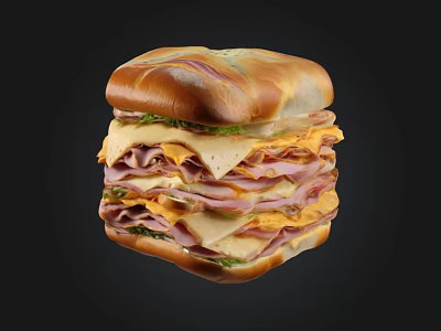 Appetizing Stacked Sandwich with Sliced Ham Cheddar Cheese Fresh Greens and Soft Bun 3d model