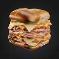 Appetizing Stacked Sandwich with Sliced Ham Cheddar Cheese Fresh Greens and Soft Bun