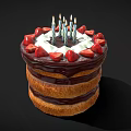 Tasty Rich Layered Chocolate Cake With Fresh Strawberries And Lit Candles