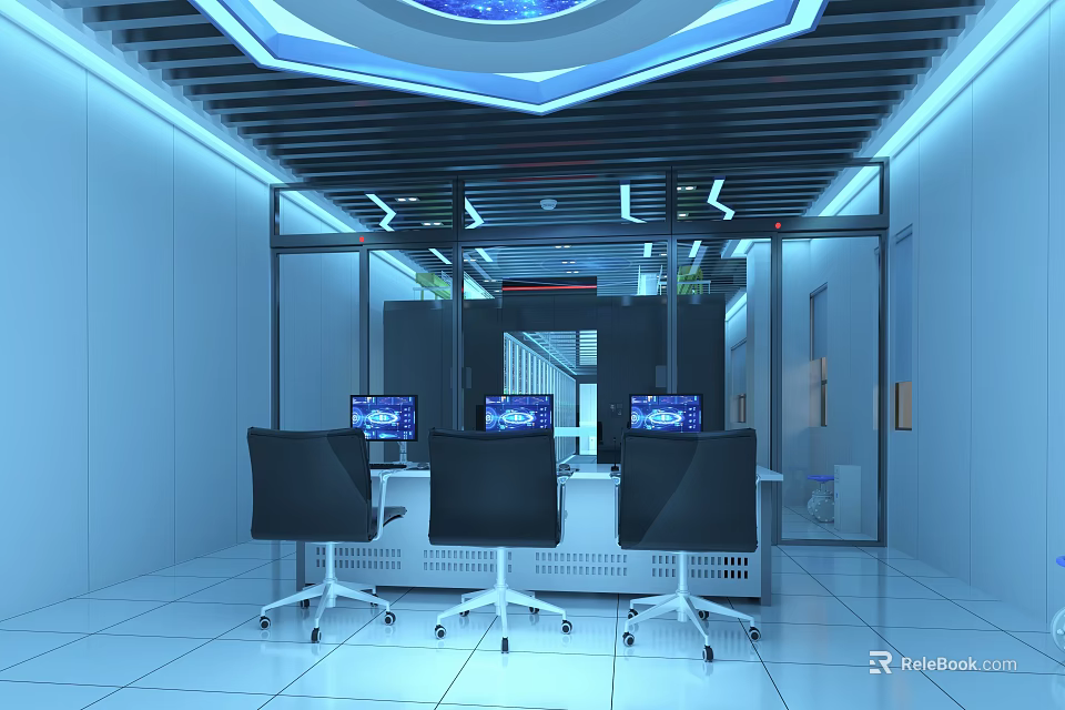 Futuristic Blue Lit Data Center Control Room With Modern Operator Workstations And Server Cabinets 3d model 