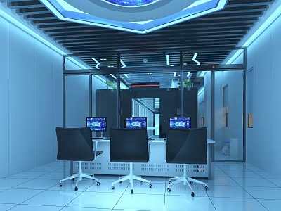 Futuristic Blue Lit Data Center Control Room With Modern Operator Workstations And Server Cabinets 3d model