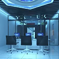 Futuristic Blue Lit Data Center Control Room With Modern Operator Workstations And Server Cabinets
