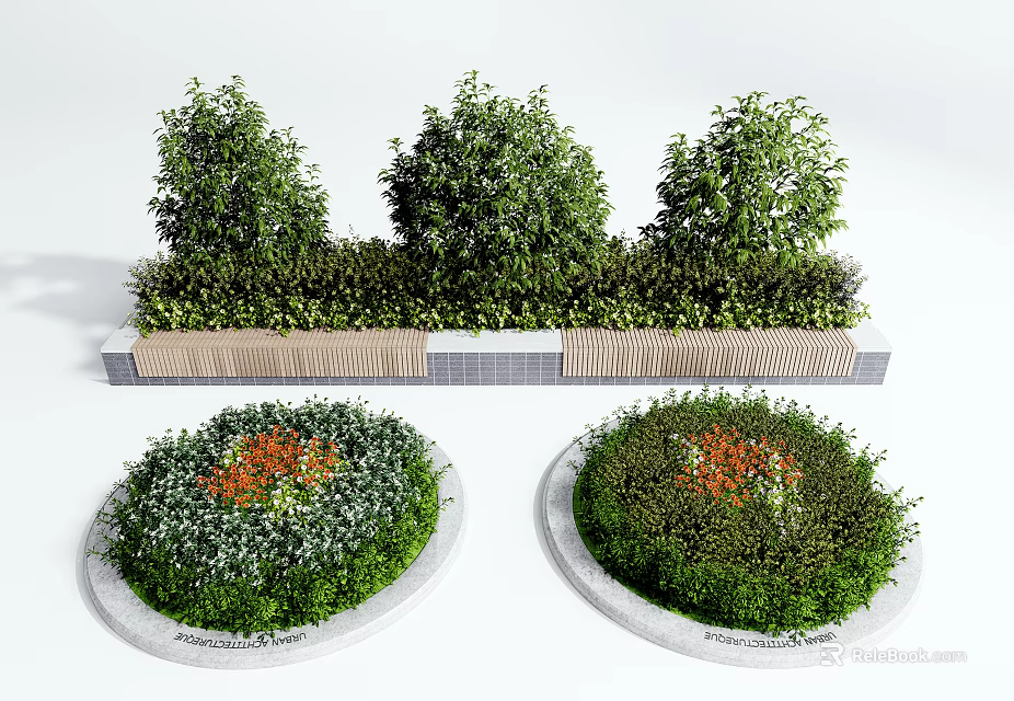 Lush Green Shrubs in Circular and Linear Arrangements with Wooden Benches and Stone Bases 3d model 
