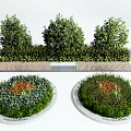 Lush Green Shrubs in Circular and Linear Arrangements with Wooden Benches and Stone Bases