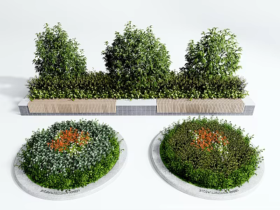 Lush Green Shrubs in Circular and Linear Arrangements with Wooden Benches and Stone Bases 3d model