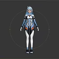Game and Movie Character With Blue Hair Blue White Form Fitting Suit Orange Black Accents
