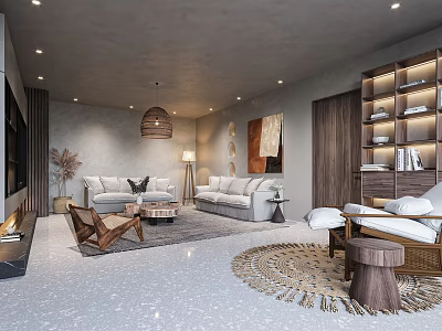 Modern Living Room Interior Design With Sofa Woven Rug And Decorative Artwork 3d model