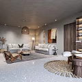 Modern Living Room Interior Design With Sofa Woven Rug And Decorative Artwork