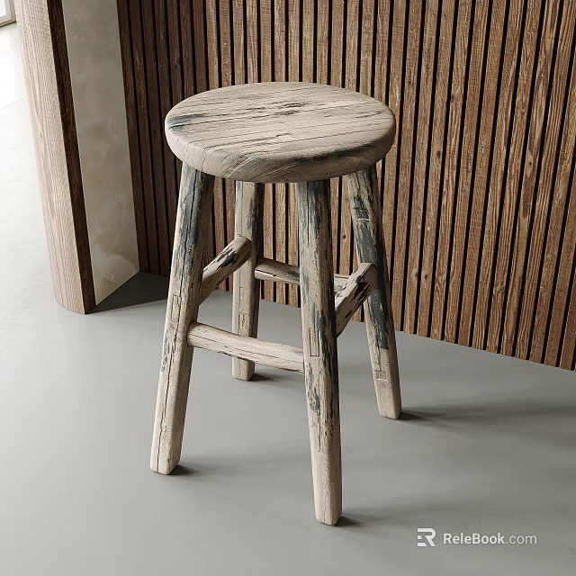 Rustic Wooden Stool With Round Seat And Four Legs On Light Floor Against Striped Wall 3d model 