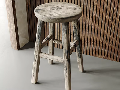 Rustic Wooden Stool With Round Seat And Four Legs On Light Floor Against Striped Wall 3d model