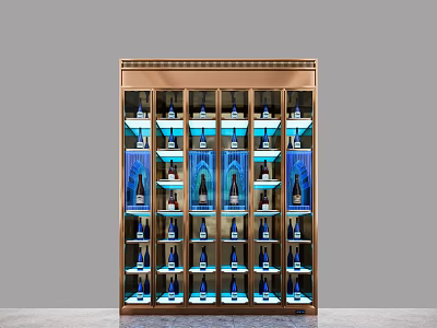 Modern Gold Frame Wine Cabinet With Glass Door Layered Storage And Interior Lighting 3d model