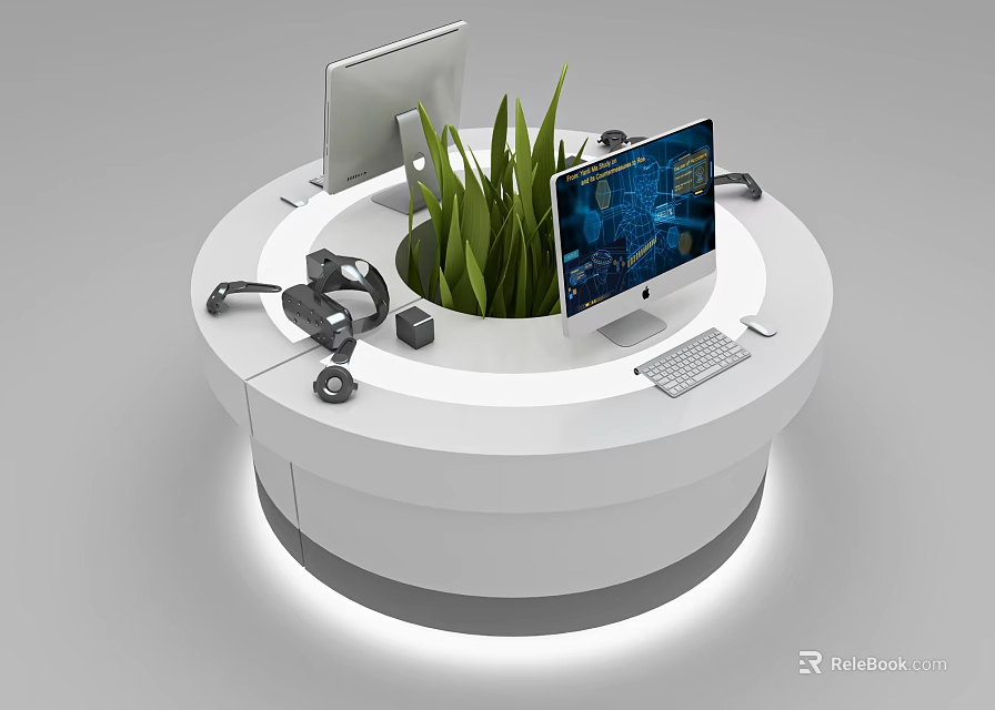 Round White Workstation Setup With Computer Monitors Headphones And Green Plant 3d model 